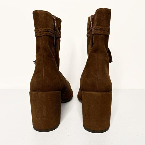 Stuart Weitzman Tazzie Brown Suede Tasseled Block Heel Ankle Boots - Picture 5 of 8
